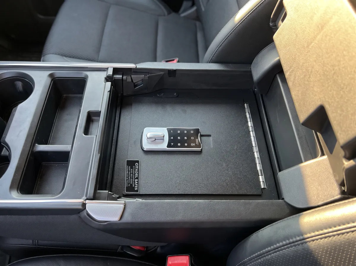 Citadel safe in a Chevrolet Silverado console (representative image)
